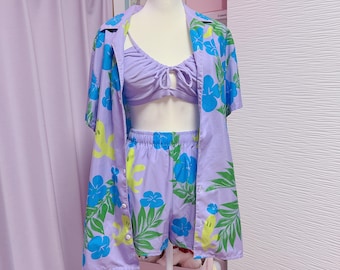 Final Fantasy XIV Inspired Hawaiian Shirt Lavender and Blue | Warrior of Light Aloha Shirt | Cactuar Vacation Shirt | Eorzea Cosplay Unisex