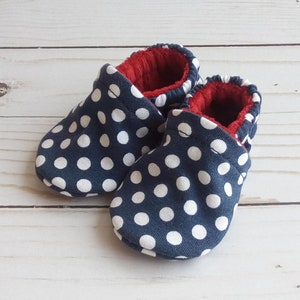 Ready to Ship Navy Dots: Handmade Baby Shoes Soft Sole Cotton Knit Fabric Non-Slip Booties image 1