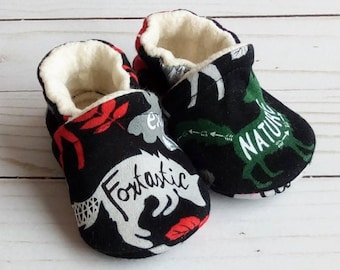 Woodland Animals: Custom Handmade Baby Toddler Kid Adult Shoes Slippers Soft Sole Cotton Knit Fabric Non-Slip Booties
