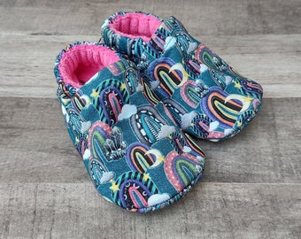 Funky Rainbow : Handmade Soft Sole Shoes Cotton Knit Fabric Non-Slip Booties Baby Toddler Child Adult