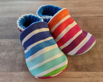 Fun Rainbow Stripes : Handmade Soft Sole Shoes Cotton Knit Fabric Non-Slip Booties Baby Toddler Child Adult