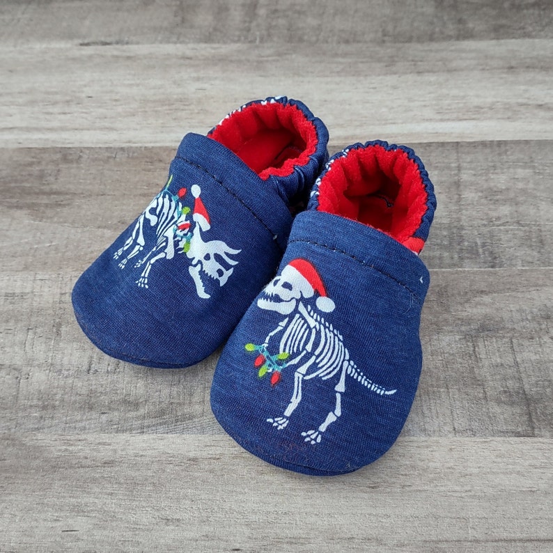 Holiday Dino Skeletons : Handmade Soft Sole Shoes Cotton Knit Fabric Non-Slip Booties Baby Toddler Child Adult image 1