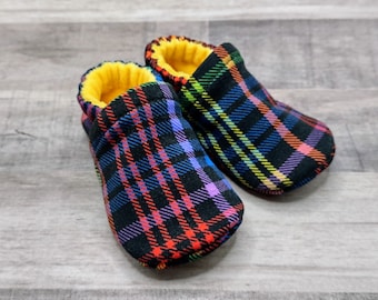 Neon Plaid : Handmade Soft Sole Shoes Cotton Knit Fabric Non-Slip Booties Baby Toddler Child Adult