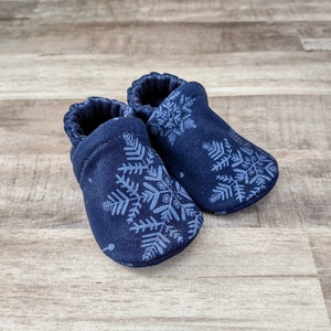 Navy Snowflakes : Handmade Soft Sole Shoes Cotton Knit Fabric Non-Slip Booties Baby Toddler Child Adult image 2