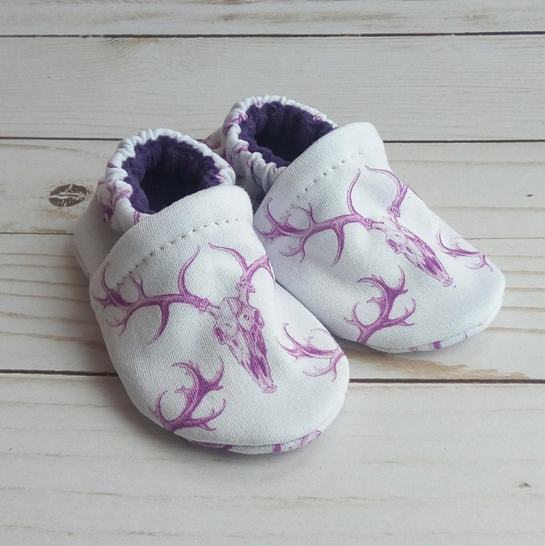 Purple Deer Skulls : Handmade Soft Sole Shoes Cotton Knit Fabric Non-Slip Booties Baby Toddler Child Adult image 1