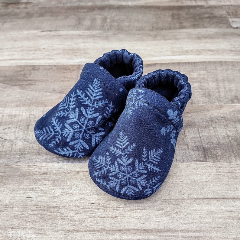 Navy Snowflakes : Handmade Soft Sole Shoes Cotton Knit Fabric Non-Slip Booties Baby Toddler Child Adult image 1