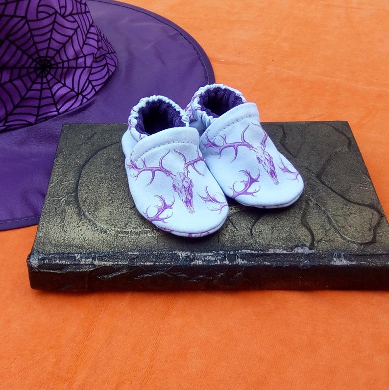 Purple Deer Skulls : Handmade Soft Sole Shoes Cotton Knit Fabric Non-Slip Booties Baby Toddler Child Adult image 3