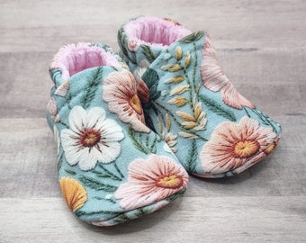 Faux Embroidered Flowers : Handmade Soft Sole Shoes Cotton Knit Fabric Non-Slip Booties Baby Toddler Child Adult