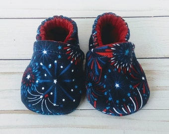 Ready to Ship | 3-6M Fourth of July Fireworks: Handmade Baby Shoes Soft Sole Cotton Knit Fabric Non-Slip Booties