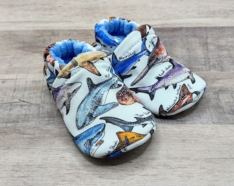 Sharks : Handmade Soft Sole Shoes Cotton Knit Fabric Non-Slip Booties Baby Toddler Child Adult