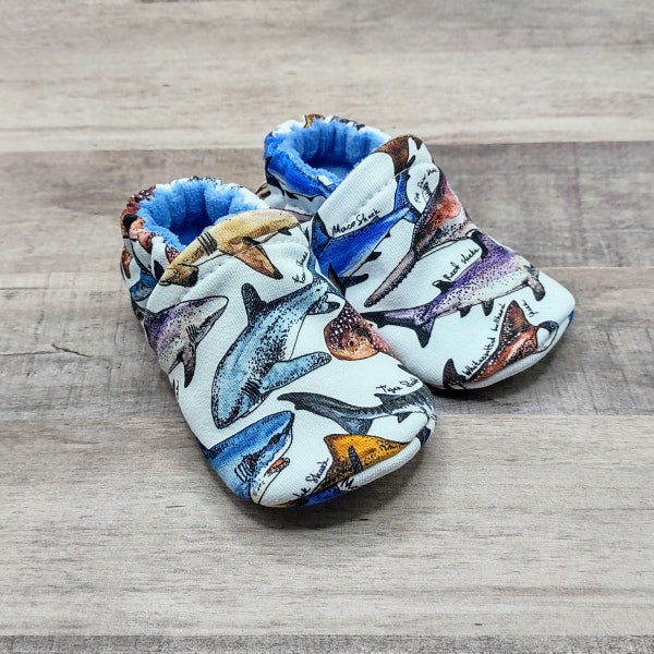 Sharks : Handmade Soft Sole Shoes Cotton Knit Fabric Non-Slip Booties Baby Toddler Child Adult