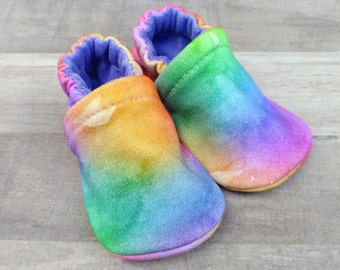 Rainbow Watercolor : Handmade Soft Sole Shoes Cotton Knit Fabric Non-Slip Booties Baby Toddler Child Adult