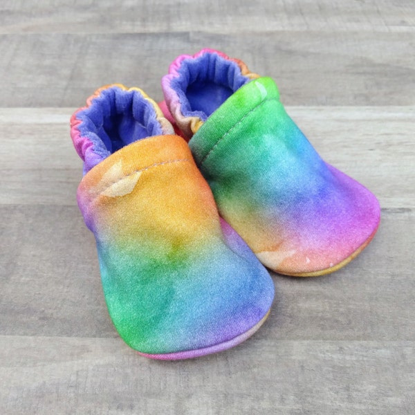 Rainbow Watercolor : Handmade Soft Sole Shoes Cotton Knit Fabric Non-Slip Booties Baby Toddler Child Adult