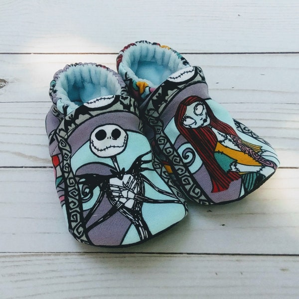 Nightmare Before Christmas Jack and Sally : Handmade Soft Sole Shoes Cotton Knit Fabric Non-Slip Booties Baby Toddler Child Adult