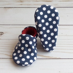 Ready to Ship Navy Dots: Handmade Baby Shoes Soft Sole Cotton Knit Fabric Non-Slip Booties image 5