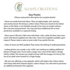 May include: Key Points for knit fabric shoes.  Shoes are lightweight, soft, stretchy, and unstructured. The lining is cotton velour.  Shoes are meant to be indoor shoes.  The fabric is not durable enough to be worn on rough surfaces like concrete and pavement.  You may purchase additional toe or heel protection available in a separate listing.