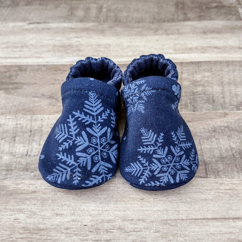 Navy Snowflakes : Handmade Soft Sole Shoes Cotton Knit Fabric Non-Slip Booties Baby Toddler Child Adult image 3