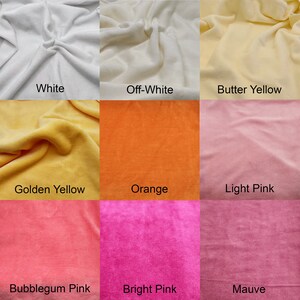 May include: Nine fabric swatches in different colors, including white, off-white, butter yellow, golden yellow, orange, light pink, bubblegum pink, bright pink, and mauve.