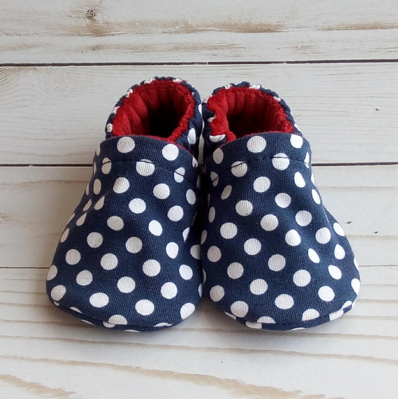 Ready to Ship Navy Dots: Handmade Baby Shoes Soft Sole Cotton Knit Fabric Non-Slip Booties image 8