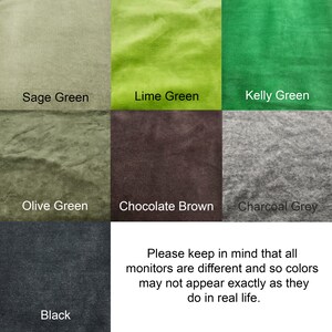 May include: A color chart showing different shades of green, brown, and gray. The colors are labeled with their names: Sage Green, Lime Green, Kelly Green, Olive Green, Chocolate Brown, Charcoal Grey, and Black.