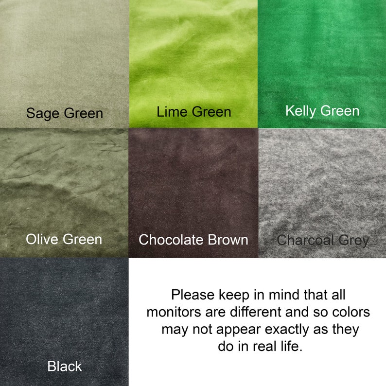 May include: A color chart showing different shades of green, brown, and gray. The colors are labeled with their names: Sage Green, Lime Green, Kelly Green, Olive Green, Chocolate Brown, Charcoal Grey, and Black.