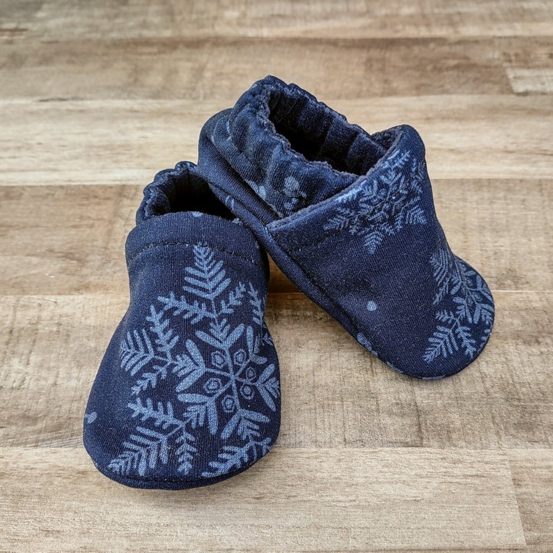 Navy Snowflakes : Handmade Soft Sole Shoes Cotton Knit Fabric Non-Slip Booties Baby Toddler Child Adult image 4