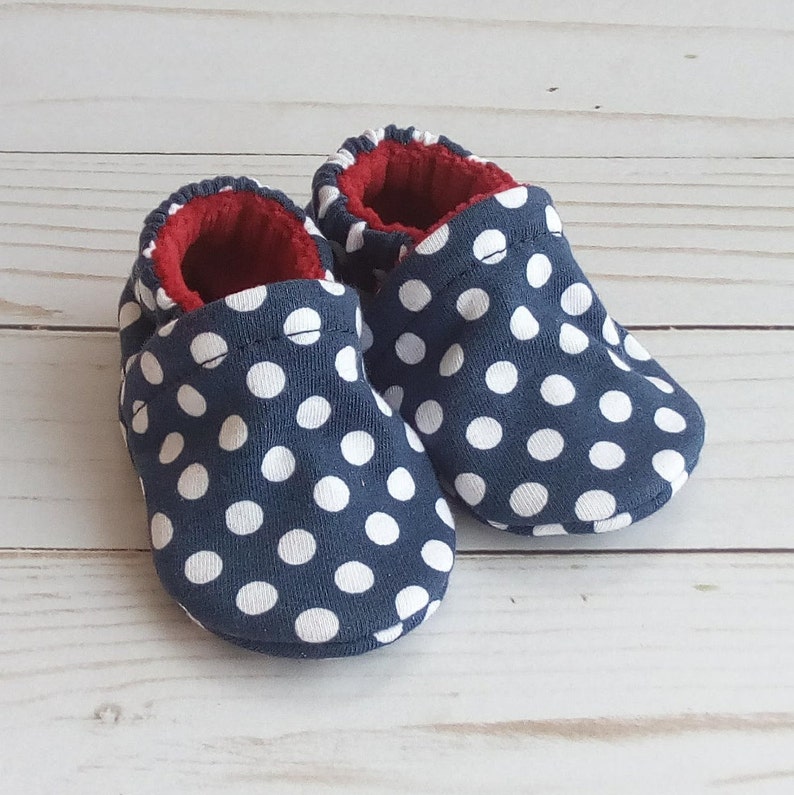 Ready to Ship Navy Dots: Handmade Baby Shoes Soft Sole Cotton Knit Fabric Non-Slip Booties image 2