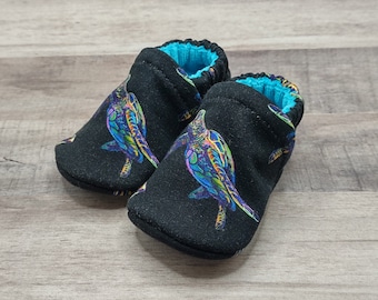 Neon Sea Turtle : Handmade Soft Sole Shoes Cotton Knit Fabric Non-Slip Booties Baby Toddler Child Adult