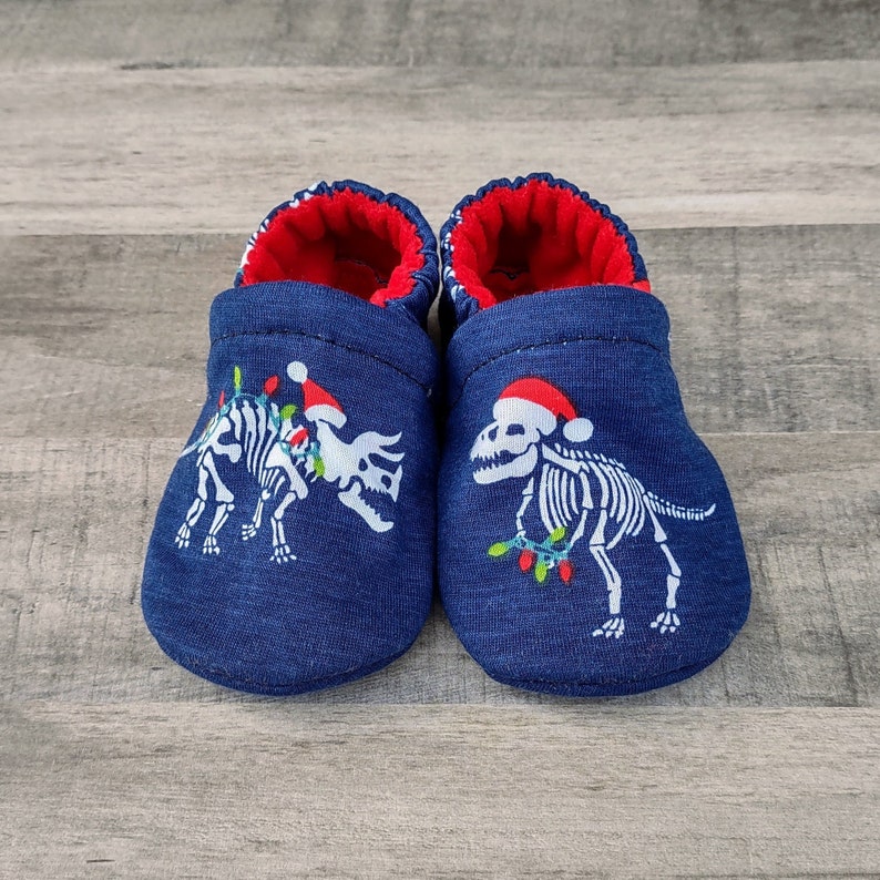Holiday Dino Skeletons : Handmade Soft Sole Shoes Cotton Knit Fabric Non-Slip Booties Baby Toddler Child Adult image 3