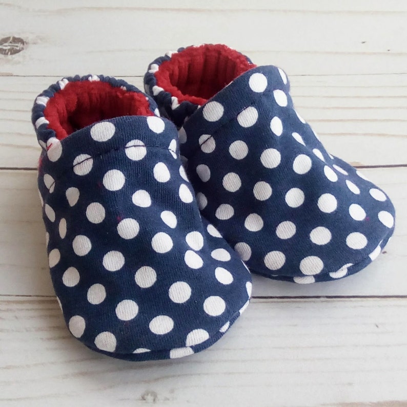 Ready to Ship Navy Dots: Handmade Baby Shoes Soft Sole Cotton Knit Fabric Non-Slip Booties image 6