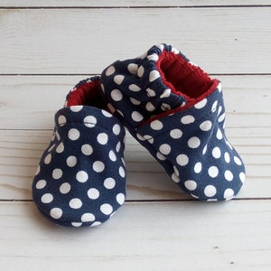 Ready to Ship Navy Dots: Handmade Baby Shoes Soft Sole Cotton Knit Fabric Non-Slip Booties image 4