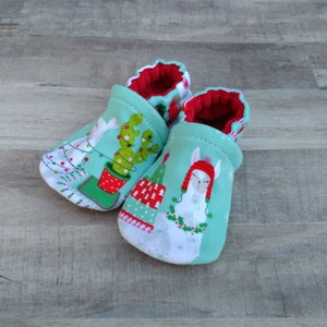 Holiday Llama : Custom Handmade Baby Toddler Kid Shoes Slippers Soft Sole Cotton Knit Fabric Non-Slip Booties