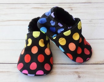 Rainbow Dots: Handmade Soft Sole Shoes Cotton Knit Fabric Non-Slip Booties Baby Toddler Child Adult