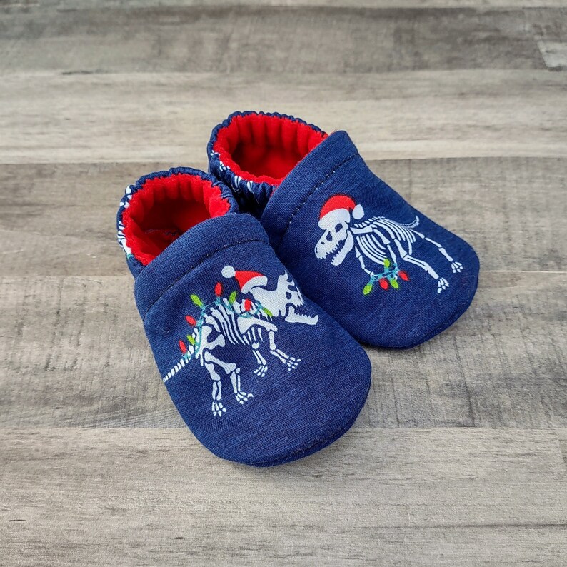 Holiday Dino Skeletons : Handmade Soft Sole Shoes Cotton Knit Fabric Non-Slip Booties Baby Toddler Child Adult image 2