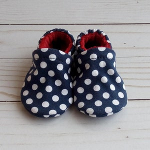 Ready to Ship Navy Dots: Handmade Baby Shoes Soft Sole Cotton Knit Fabric Non-Slip Booties image 3