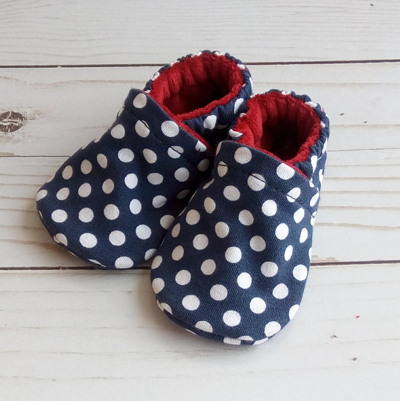 Ready to Ship Navy Dots: Handmade Baby Shoes Soft Sole Cotton Knit Fabric Non-Slip Booties image 7
