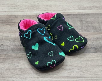 Neon Hearts : Handmade Soft Sole Shoes Cotton Knit Fabric Non-Slip Booties Baby Toddler Child Adult