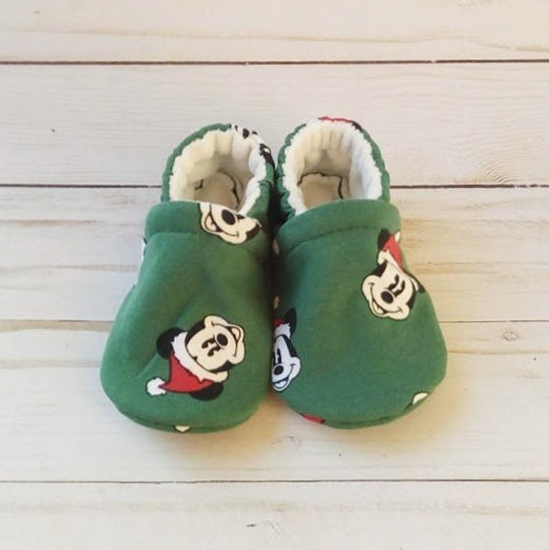Micky Mouse Santa: Custom Handmade Baby Toddler Kid Shoes Slippers Soft Sole Cotton Knit Fabric Non-Slip Booties image 2