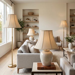 May include: A living room scene featuring several lamps with beige fabric shades. There are two floor lamps with gold-colored stands and three table lamps with cream-colored ceramic bases. The room has a neutral color palette with a sofa, chairs, and wooden shelves.