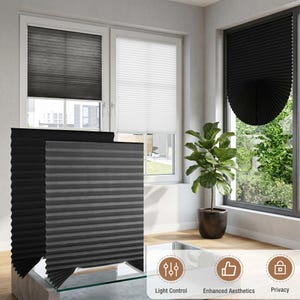 May include: A selection of pleated window blinds in black, grey, and white, showcasing light control and privacy options. The image presents the blinds in different positions, emphasizing their aesthetic appeal. The blinds are designed for windows.