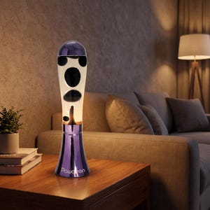 May include: A lava lamp with a metallic purple base and cap, featuring a clear glass cylinder filled with white liquid and floating black wax blobs. The base of the lamp is clearly marked with the brand name Powarun in white text.
