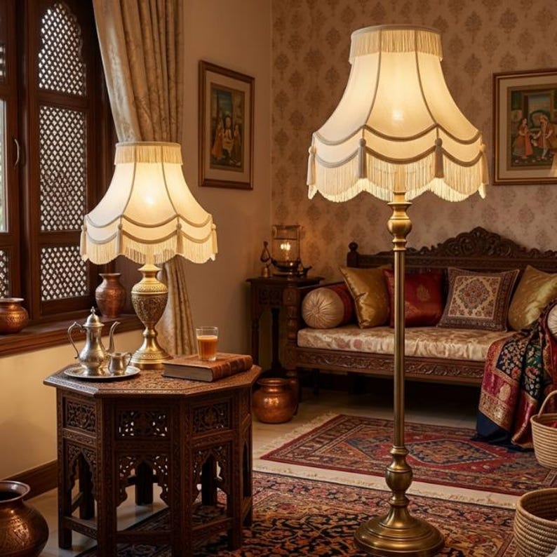 May include: Two ornate lamps with cream-colored shades and fringe trim illuminate a room. One is a table lamp on a carved wooden table, the other a floor lamp. The room features a patterned rug, wooden furniture, and decorative items.
