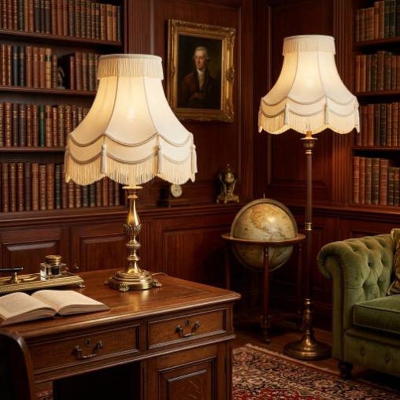 May include: A classic library scene featuring a desk lamp and a floor lamp with cream-colored shades and decorative fringe. The lamps have ornate brass bases. The room includes a wooden desk, bookshelves, a globe, and a green velvet sofa.