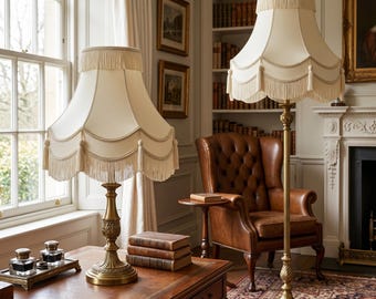 Traditional Scallop Fabric Lampshade with Tassels Double Scalloped Lamp Light Shade for Table & Floor Lamps, Vintage Home Décor