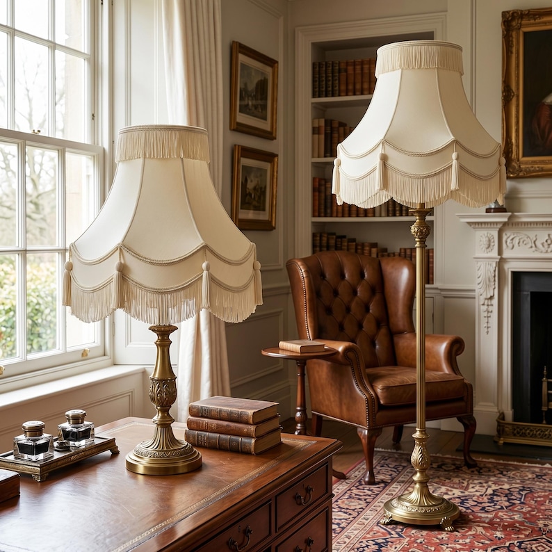 May include: Two antique brass lamps with cream-colored shades and fringe trim. One is a table lamp, the other a floor lamp. The lamps are in a room with a leather armchair, a wooden desk, and a bookshelf.