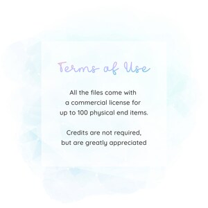 May include: Terms of Use text on a white background with a light blue watercolor design. The text states that all files come with a commercial license for up to 100 physical end items. Credits are not required, but are greatly appreciated.