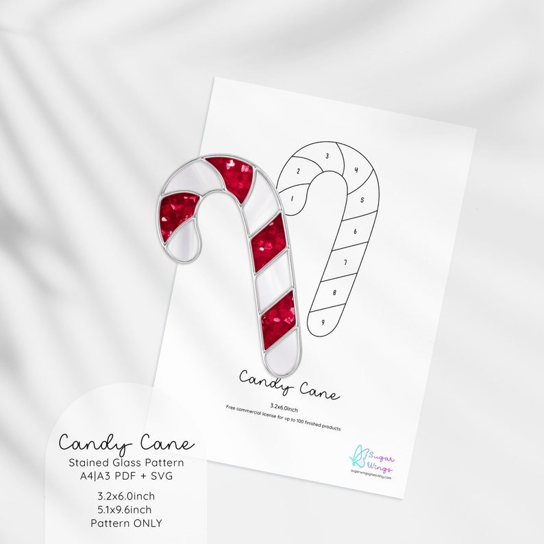 May include: A stained glass pattern of a candy cane with a white and red striped design. The pattern is numbered 1 through 9 for easy assembly. The pattern is available in A4/A3 PDF and SVG formats. The pattern is 3.2 inches by 6 inches or 5.1 inches by 9.6 inches. The pattern is for personal use only.