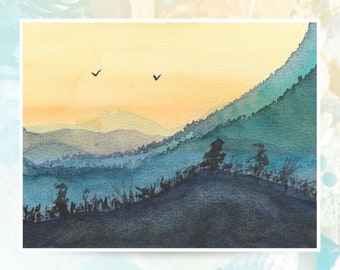 Sunset On The Mountain, Mountain Watercolor Series, Serene Sunset Art, Handmade Greeting Cards, Invitations, Unique Handmade Stationary