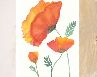 Red and Orange Poppies, Rustic Watercolor, Botanical Art, Original Art, Greeting Card, Note Card, Invitations, Unique Handmade Stationary