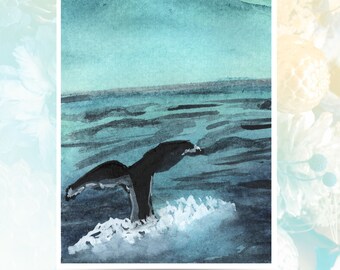 Majestic Whale Tail Emerging from Ocean Depths, Original Watercolor Art, Handmade Greeting Card, Note Card, Invitations, Handmade Stationary